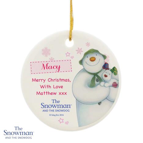 Personalised The Snowman & The Snowdog Pink Decoration £9.99
